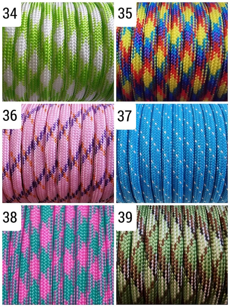 Puede incluir: Primer plano de seis muestras diferentes de paracord. Las muestras incluyen varios colores y patrones, como verde y blanco, amarillo y azul, rosa y morado, azul con puntos blancos, rosa y verde azulado, y camuflaje.