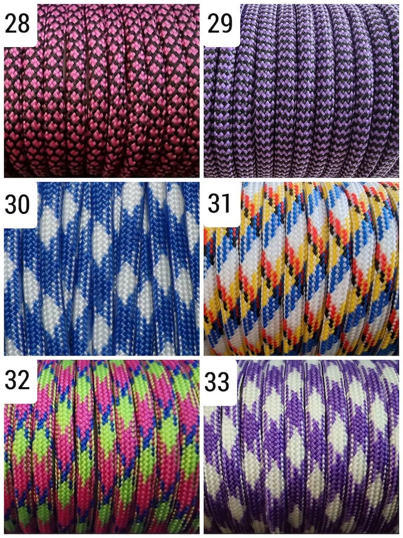 Puede incluir: Primer plano de seis paquetes de paracord diferentes. Los colores del paracord incluyen rosa y negro, morado y negro, azul y blanco, amarillo, rojo, azul y blanco, rosa, verde y morado, y morado y blanco. Los n&uacute;meros 28-33 est&aacute;n en la esquina superior izquierda de cada paquete.