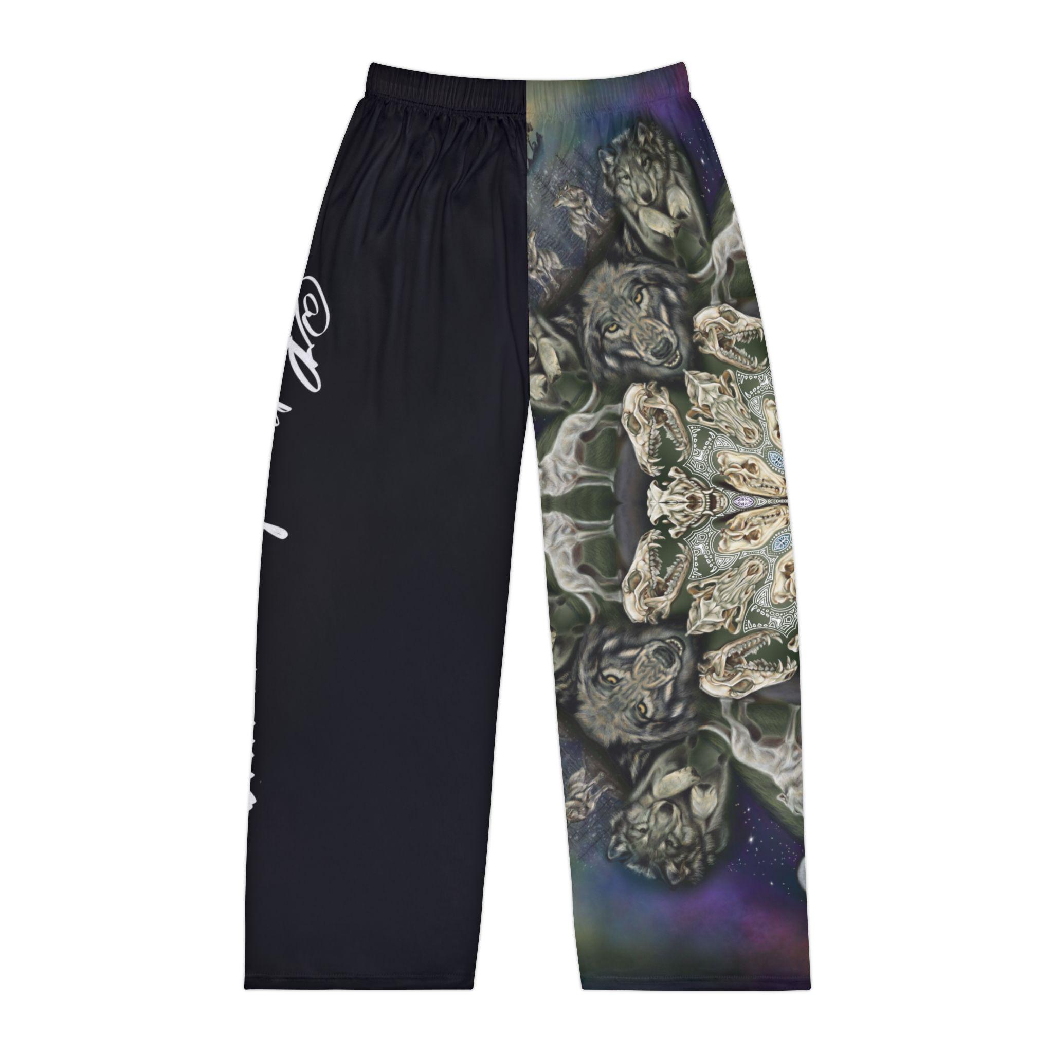 Lunar Wolf and Skulls Nocturnal Predator Kaleidoscope Men's Pajama Pants Asymmetrical Design (AOP)