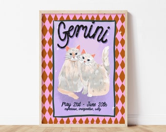 Gemini Zodiac Art, Zodiac Print, Star Signs, Cat Prints, Cat Print Star Sign, Cat Zodiac, Horoscope Wall Art, Zodiac Gift, Cat Lover Gift