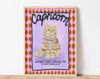 Capricorn Zodiac Art, Zodiac Print, Star Signs, Cat Prints, Cat Print Star Sign, Cat Zodiac, Horoscope Wall Art, Zodiac Gift, Cat Lover Gift