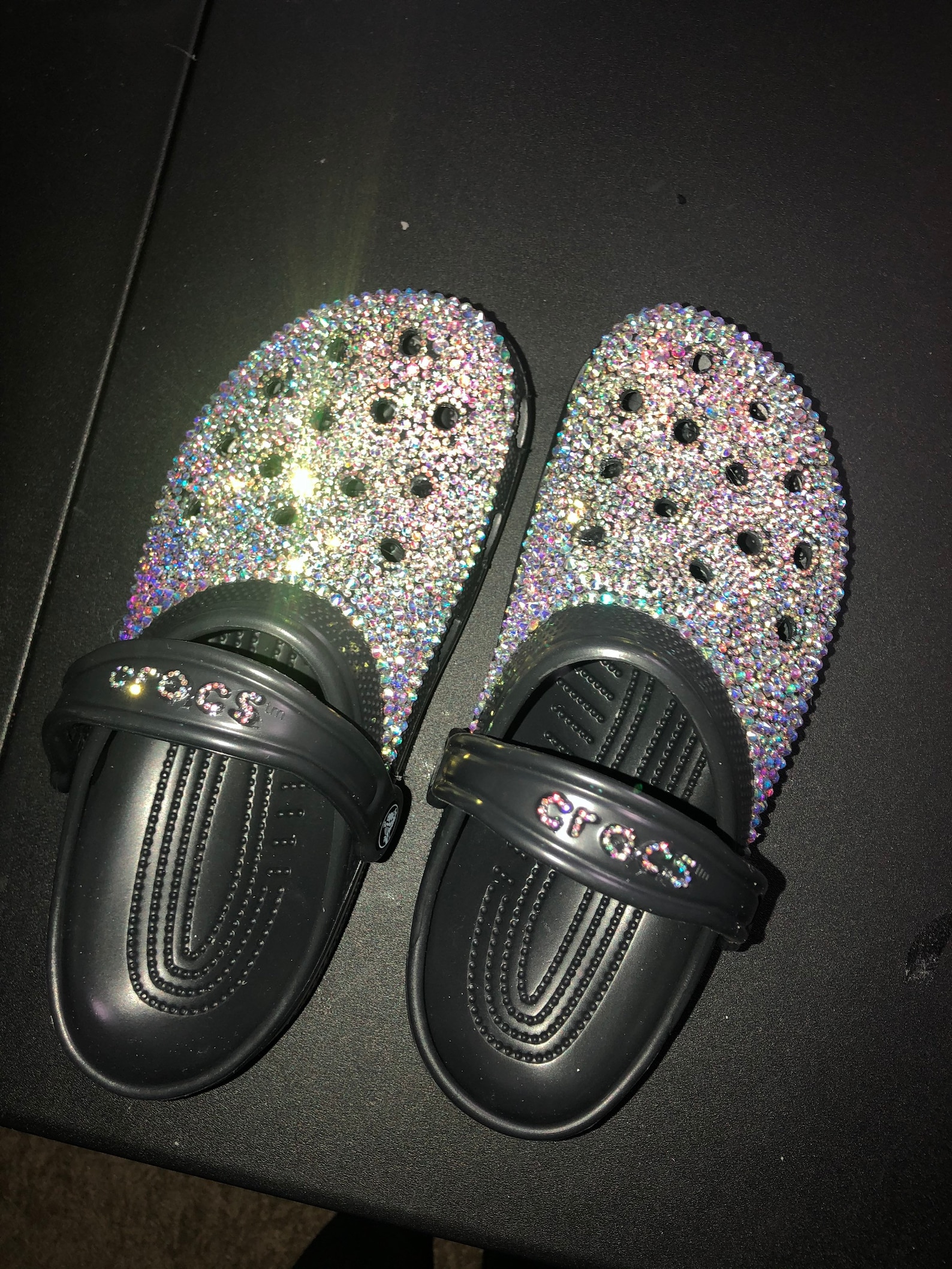 black iridescent crocs