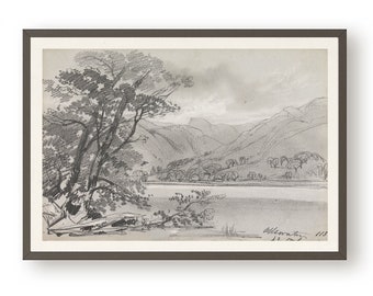 Gray landscape sketch, Vintage Graphite drawing, Antique landscape wall art
