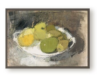 Still life of a bowl of fruit, Abstract print of pears, Kitchen wall art