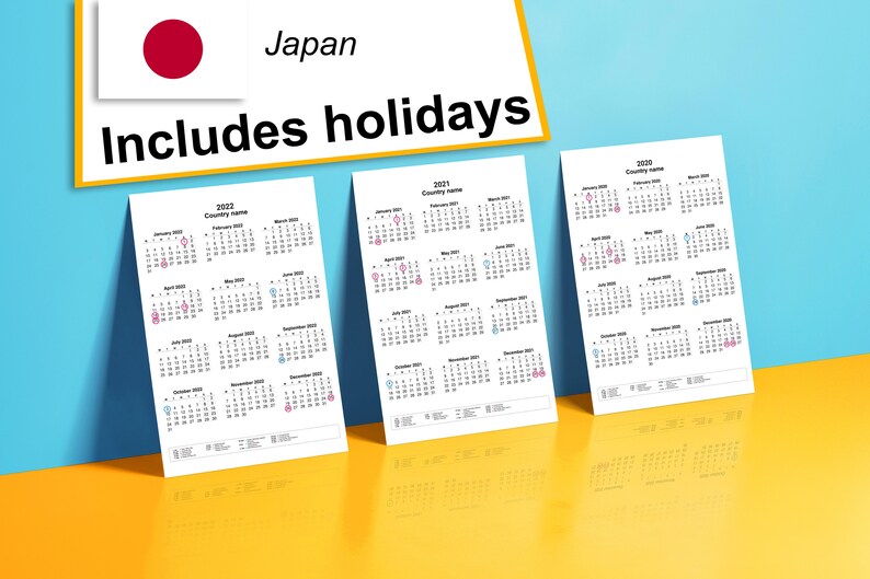 2020 2022 yearly calendar with holidays for japan year etsy