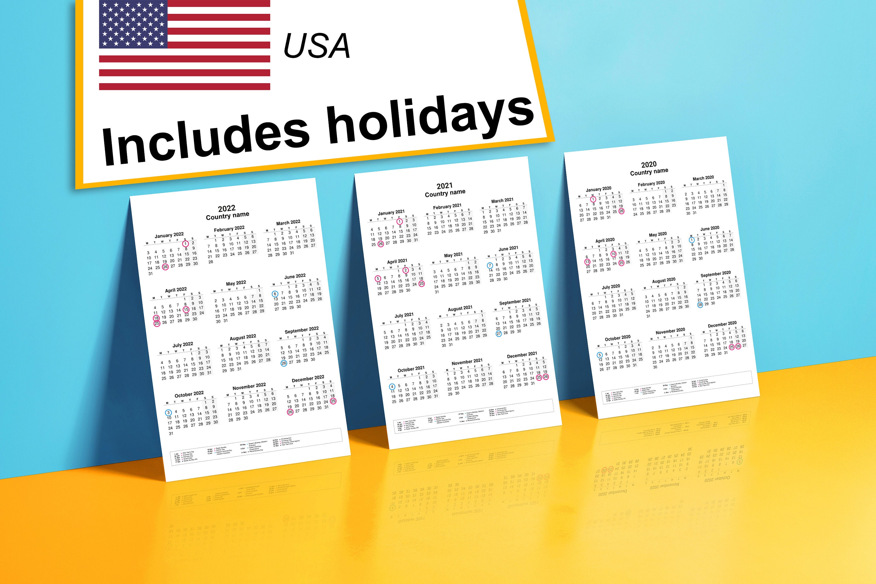 2020-2022 yearly calendar with holidays for USA Year planner | Etsy