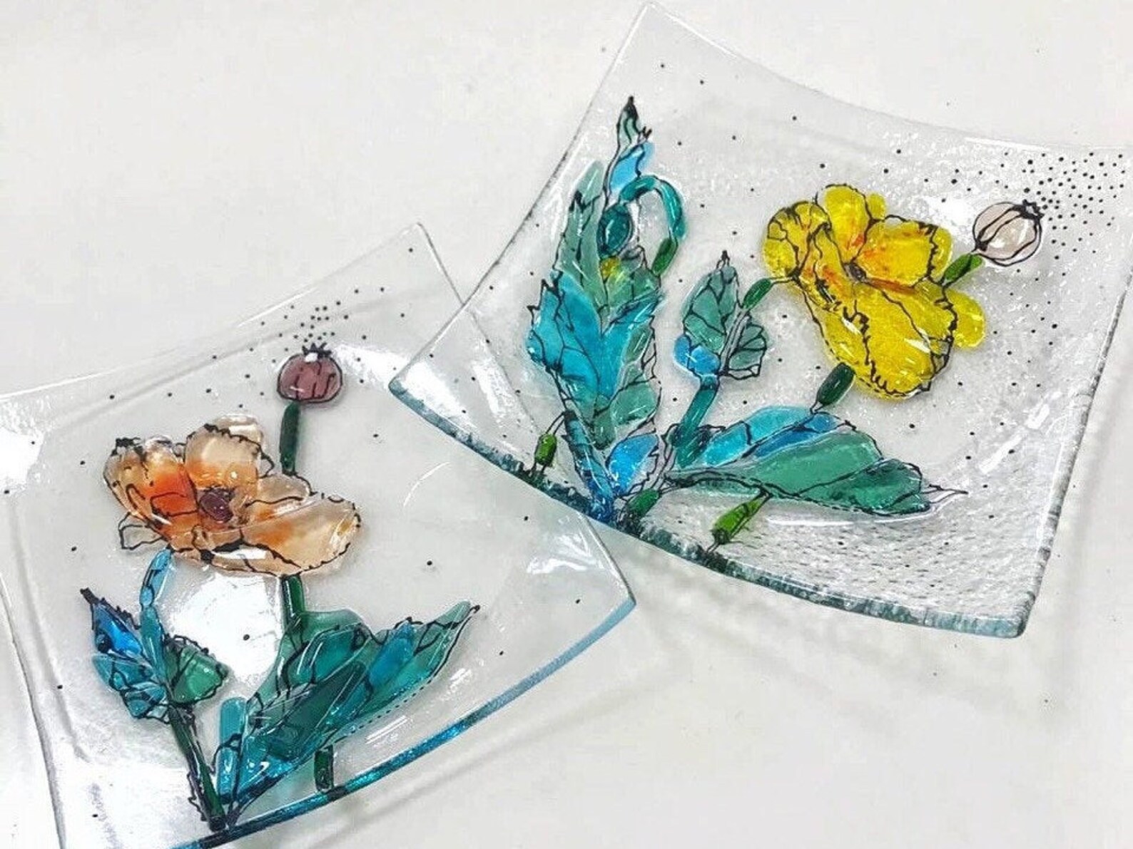 Fused glass plate poppy Glass dish with yellow poppy Plate Etsy