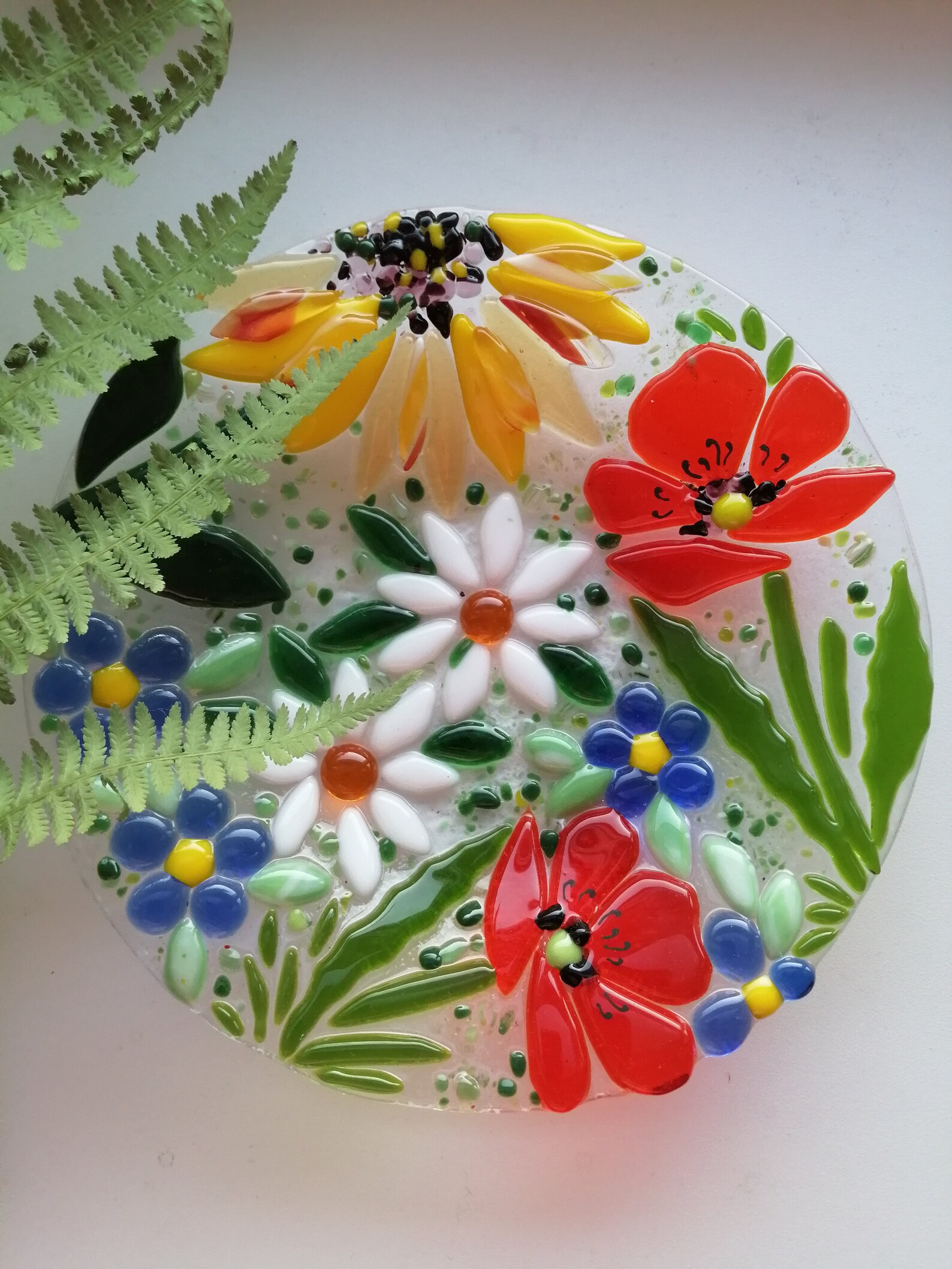 Set of 3 decorative plates with flowers Summer theme fused Etsy