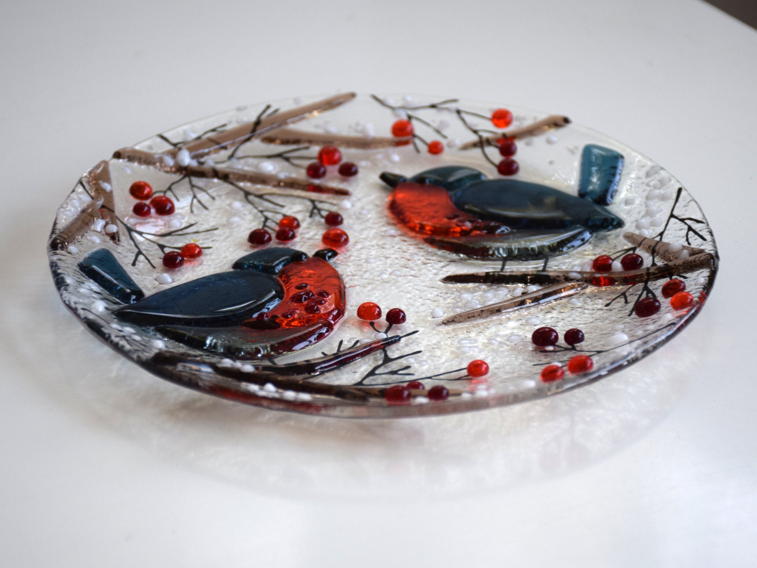 Dessert plates with bird Fused glass hand painted plates for Etsy