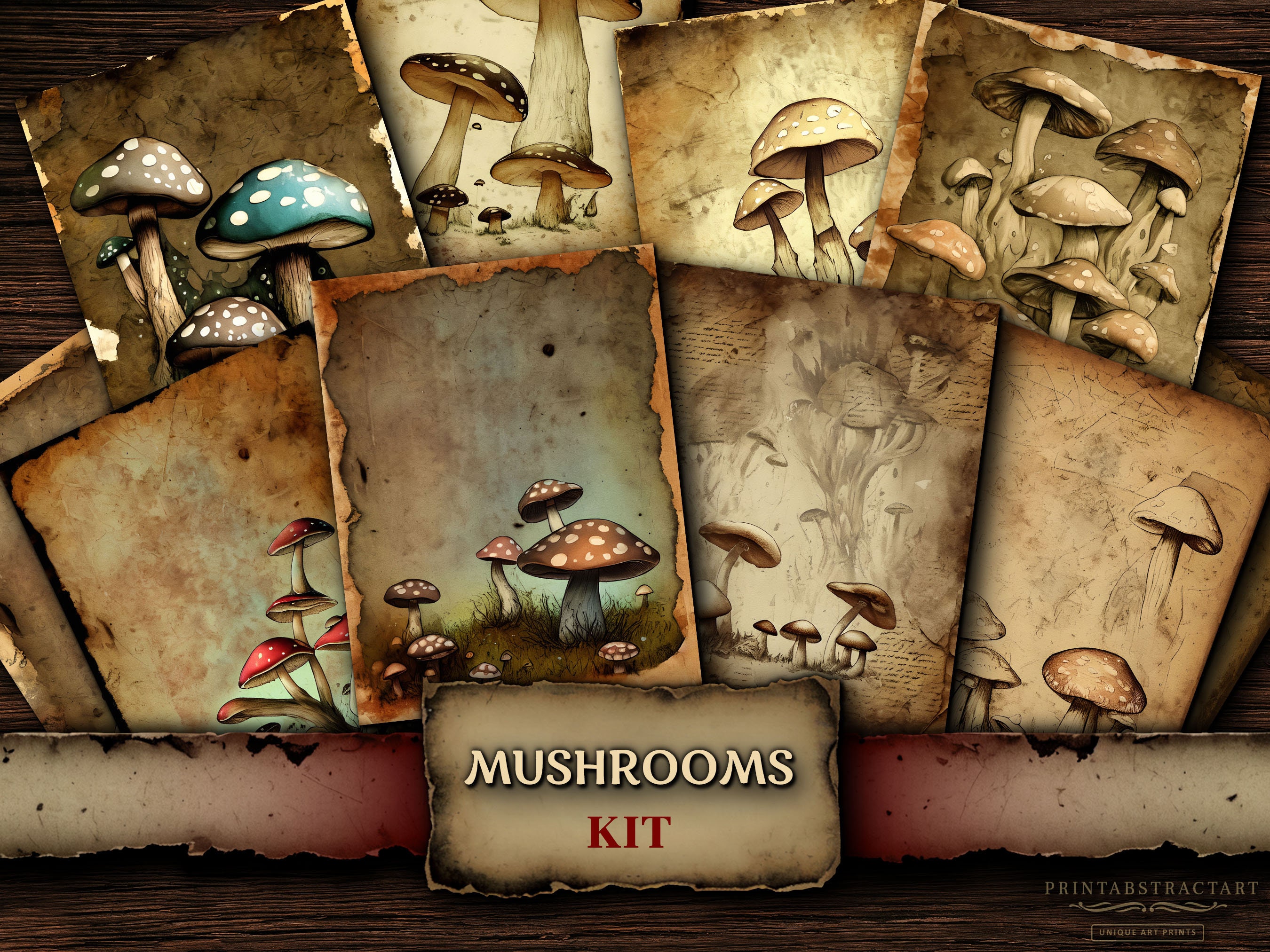 Mushrooms Junk Journal Kit, Mushroom Ephemera Supplies, Witchcraft, Gothic, Vintage Paper, Dark Academia, Journal Supplies - 016