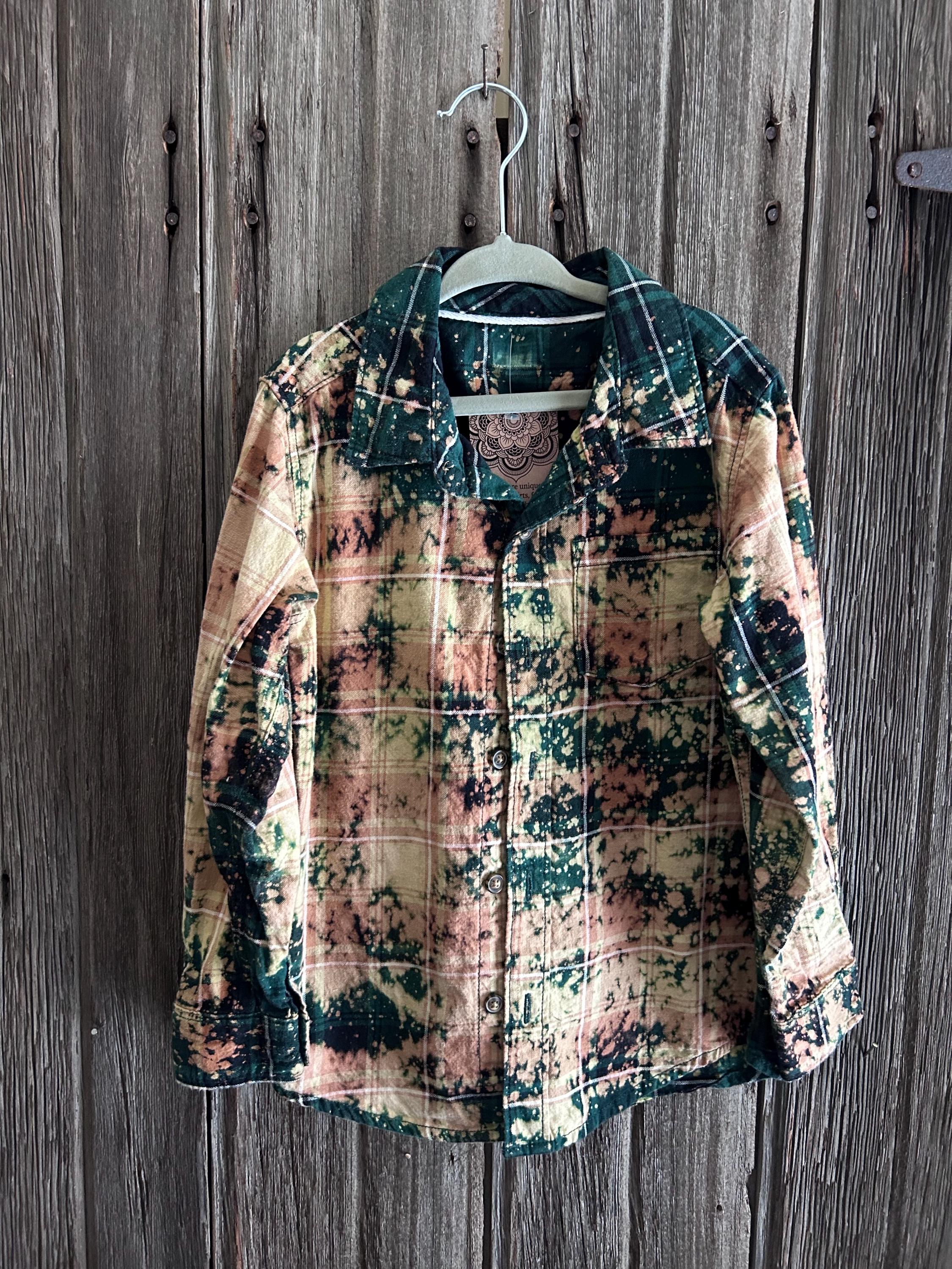 Kids Bleached Buffalo Check Flannel: Upcycled Distressed Shirt (X-Small)