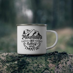 The Mountains are calling Enamel Camping Mug - Perfect for Hikers, Outdoor Lovers, Gifts for Campers, Motivational Mug, Summer Adventures