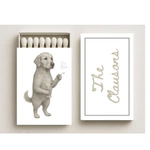 Benutzerdefinierte skizzierte Haustierstreichholzschachteln: Hund mit Martini und rauchenden Streichhölzern, Hund, der Champagnerglas hält, Hunderauchzigarre, Hochzeitszigarrenbar