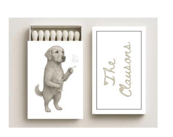 Custom Sketched Pet Matchboxes:Dog with Martini and smoking Matches, Dog holding Champagne glass, Dog Smoking Cigar, Wedding Cigar bar