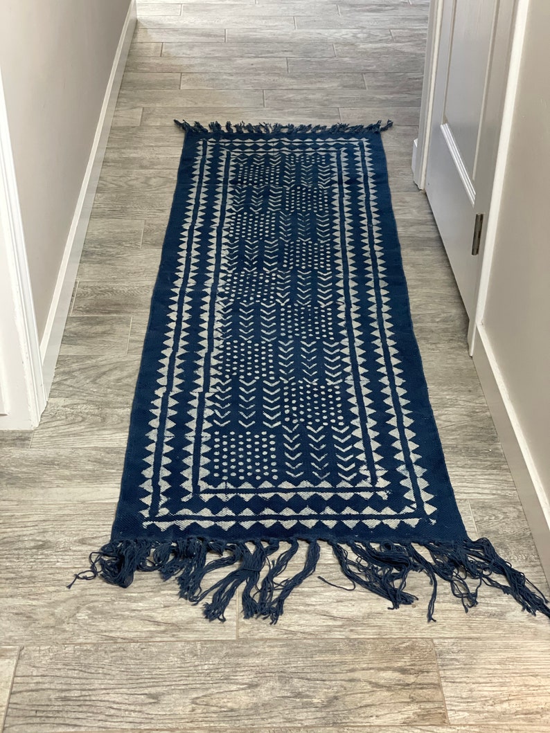 boho home hallway 100% Cotton bed runner authentic Indian rug Beautiful Indigo hand block stamped long floor runner all natural dyes
