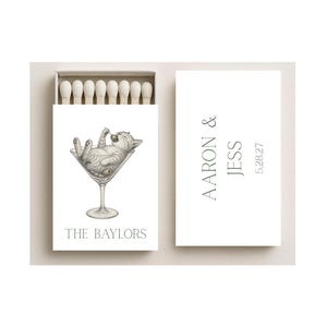 Kundenspezifische Katzen-Ketchstreichholzschachteln: Personalisierte Haustier-Gastgeschenke, Katze im Martini-Glas, Katzenhochzeitsstreichhölzer