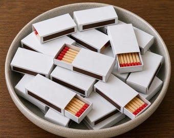 50 White Match Boxes with Red Tipped Matches, Plain Matchboxes