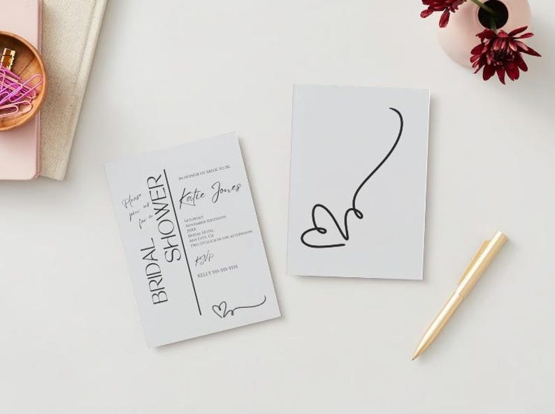 Grey Heart Bridal Shower Evite, Floral Bridal Invitation, Printable