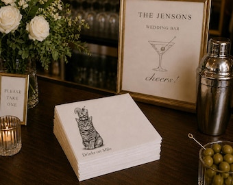 Serviettes cocktail personnalisées chat, serviettes boissons personnalisées réception de mariage
