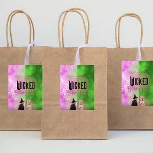 Etiquetas para bolsas de regalo con temática malvada, regalos de fiesta de cumpleaños con temática malvada de Glinda y Elpheba, Desafiando la gravedad, Cumpleaños malvado, Regalos editables