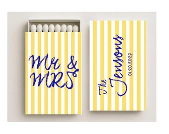 Custom Wedding Matchboxes: Yellow Blue Stripe Personalized Favors