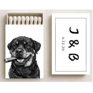 Custom Sketched Pet Matchboxes: "Stole this from" wedding Matches, Dog holding Champagne glass, Dog Smoking Cigar, Wedding Cigar bar