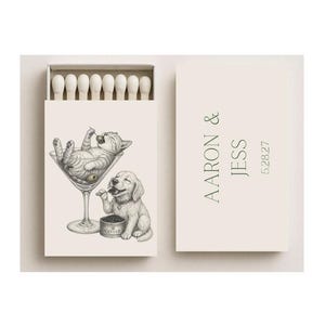 Benutzerdefinierte Haustier-Skizzenstreichholzschachteln: Personalisierte Partygeschenke, Katze im Martiniglas, Welpe, der Kaviar isst, Hochzeit streichhölzer,