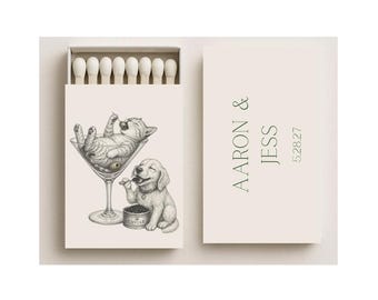 Custom Pet Sketch Matchboxes: Cat Martini, Puppy Caviar, Wedding Favors