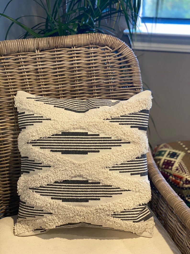 Boho Grey and White Tufted Throw Pillow Cover Etsy