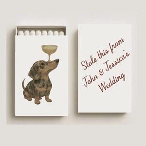 Custom Sketched Pet Matchboxes: "Stole this from" wedding Matches, Dog holding Champagne glass