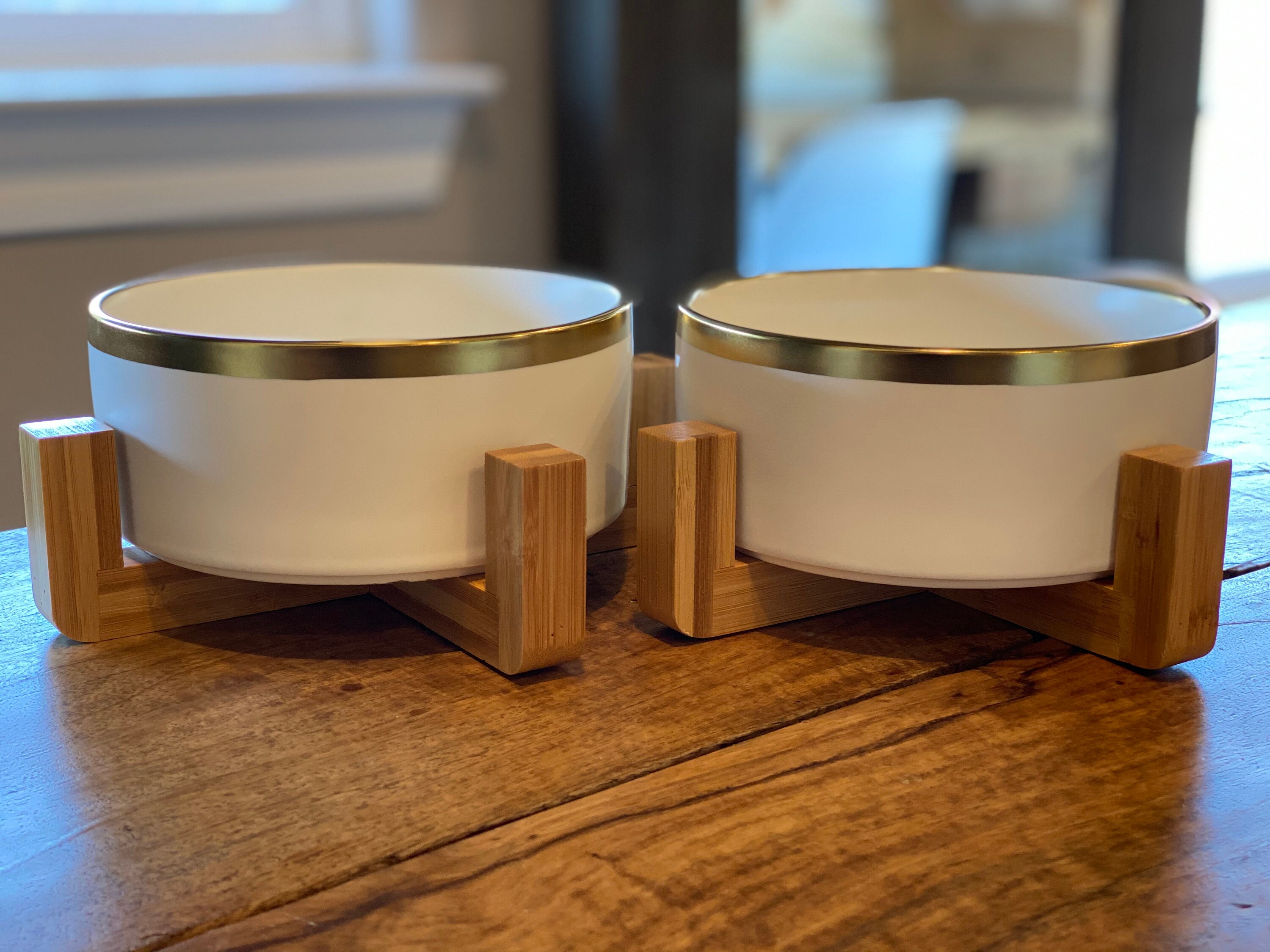 White Ceramic Dog Bowls on Wooden Stands White dog bowls with Etsy