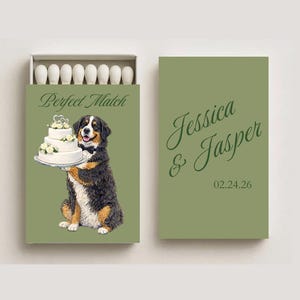 May include: A matchbox with a green background and the words "Perfect Match" above an illustration of a dog holding a wedding cake. The box on the right has the names "Jessica & Jasper" and the date "02.24.26".