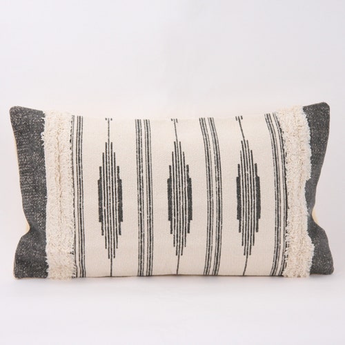 Woven Boho Throw Pillow Case Grey and Cream With Tufted Etsy