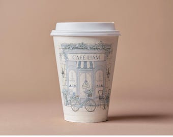 Custom Paris Cafe Coffee Cups, Full Wrap Print, Any Color Stripe Design