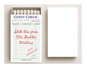 Custom Wedding Matchboxes: "Stole this from The Bachler Wedding" Guest Check Design