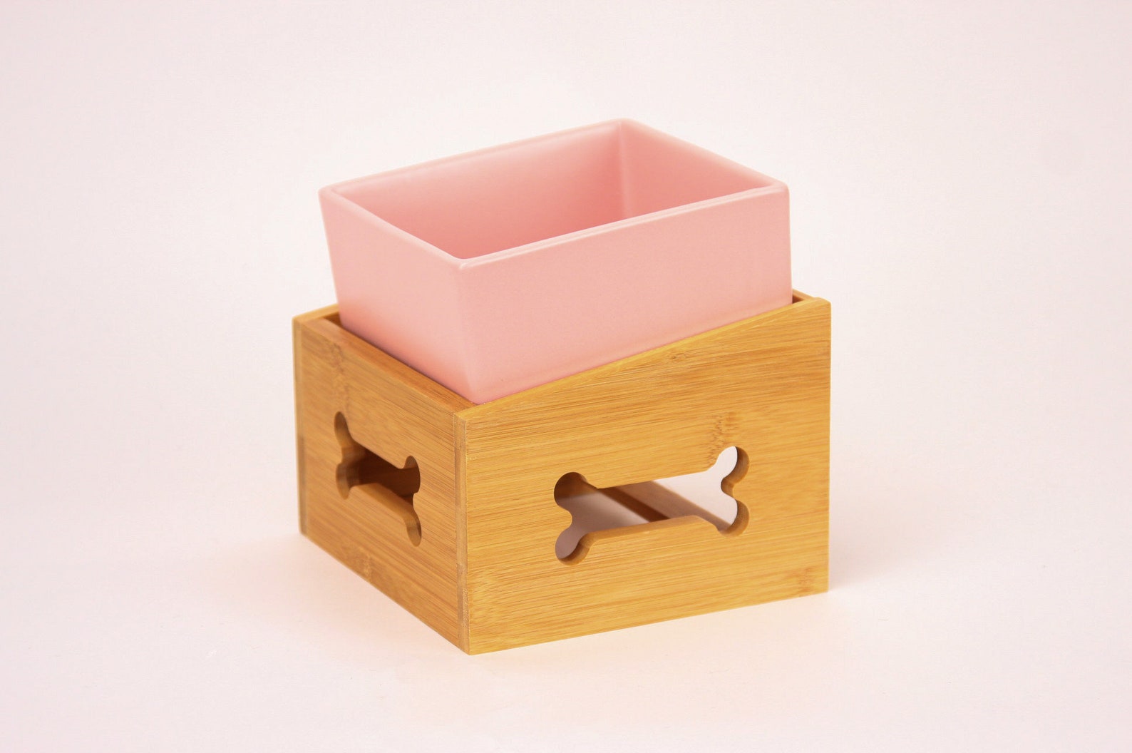 Pink Ceramic Dog Bowls W/ Wooden Stands Square Ceramic Dog Etsy