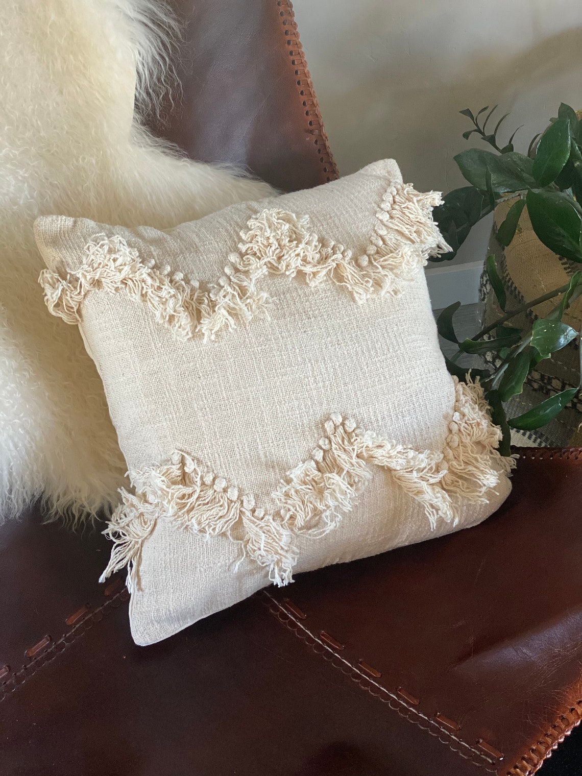 Boho cream colored woven tufted pillow cover zig zig style Etsy