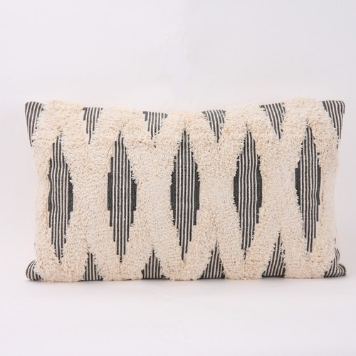 Woven Boho Throw Pillow Case Grey and Cream With Tufted Etsy