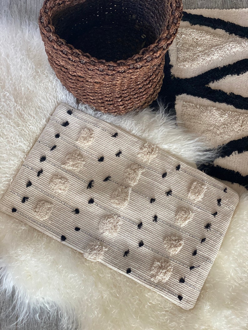 White and Black Boho Woven Floor Rug With Tassels Etsy