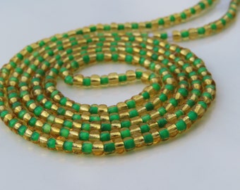 Green and Gold, African Tie On Waist Beads, Belly Beads, Custom Beads For Weight Loss, Plus Size Thread Stomach Chain Beads, Body Jewelry
