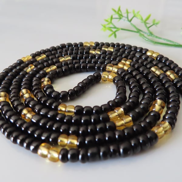 Black and Gold, African Tie On Waist Beads, Belly  Beads, Custom Beads For Weight Loss, Plus Size Thread Stomach Chain Beads,  Body Jewelry