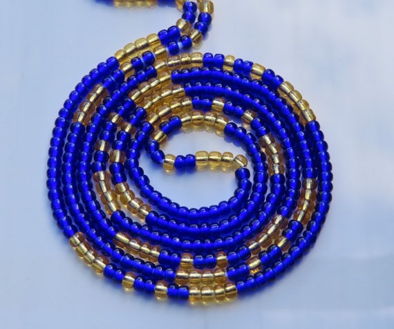 Tribal Waist Beads Smooth Baby Blue and Gold Belly Bead- Tie On Waist Beads African Waist Bead Belly Chain Ghana Waist Beads