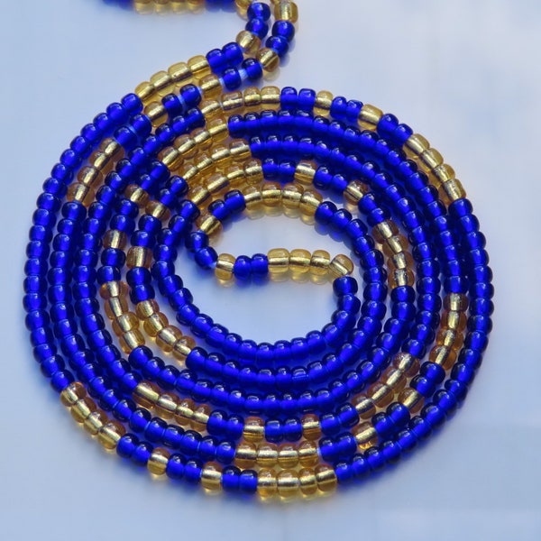 Blue and Gold Seed Bead Waist Beads, African Tie On Belly Chain