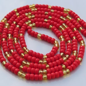Red and Gold, African Tie On Waist Beads, Belly Beads, Custom Beads For Weight Loss, Plus Size Thread Stomach Chain Beads, Body Jewelry