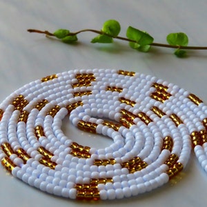 White and Gold, African Tie On Waist Beads, Belly Beads, Custom Beads For Weight Loss, Plus Size Thread Stomach Chain Beads, Body Jewelry