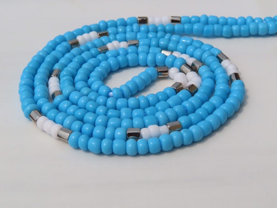 Sky Blue White Sliver African Tie on Waist Beads, Belly Beads