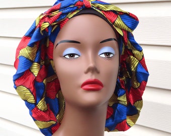 African Print Tie On Bonnet, Large Single Layer Sleeping Night Cap, Edge Wrap , Women Hair Care Accessories, Satin Silk Head Night Scarf