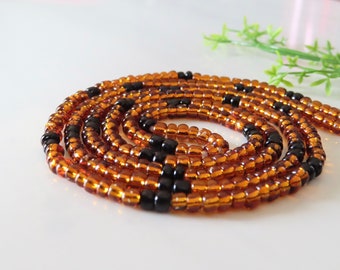 Copper and Black Seed Bead Waist Beads, Cotton Tie
