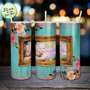 Pink Rose Gold Watercolor Single Picture Frame, 20 oz Skinny Tumbler Sublimation Designs PNG Digital Download.