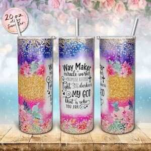 Way Maker Miracle Worker Promise Keeper, 20oz Skinny Tumbler Sublimation Designs Gold Glitter Floral Bible Verse Tumbler Wrap PNG Downloads.